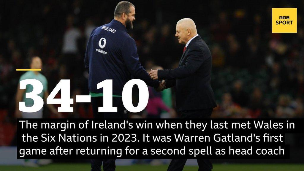 Ireland head coach Andy Farrell and Wales head coach Warren Gatland shake hands before their fixture in the 2023 Six Nations at the Principality Stadium