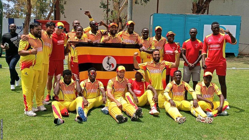 Uganda's cricketers celebrate qualifying for the 2024 Men's T20 World Cup