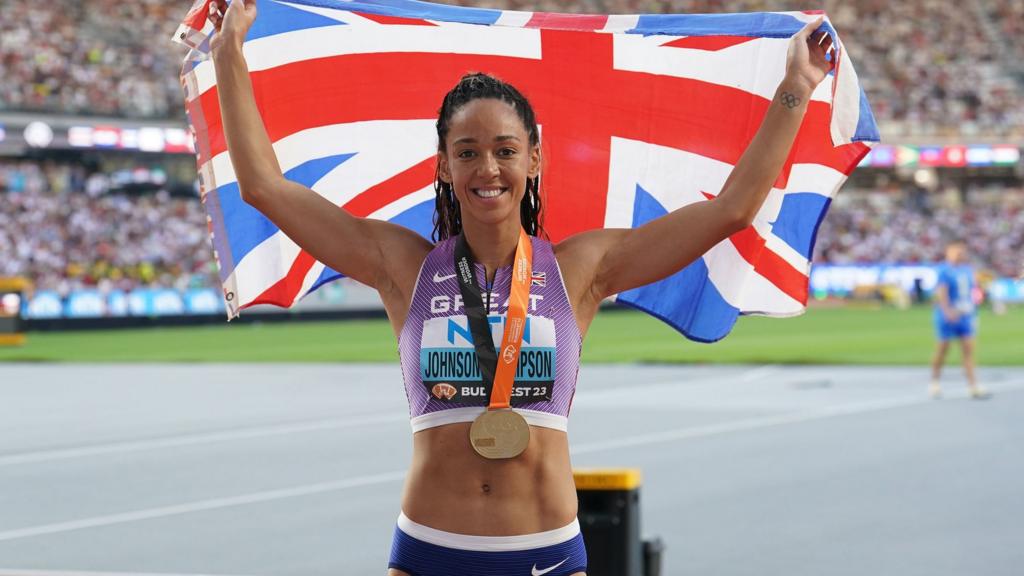 Katarina Johnson-Thompson celebrates winning heptathlon gold