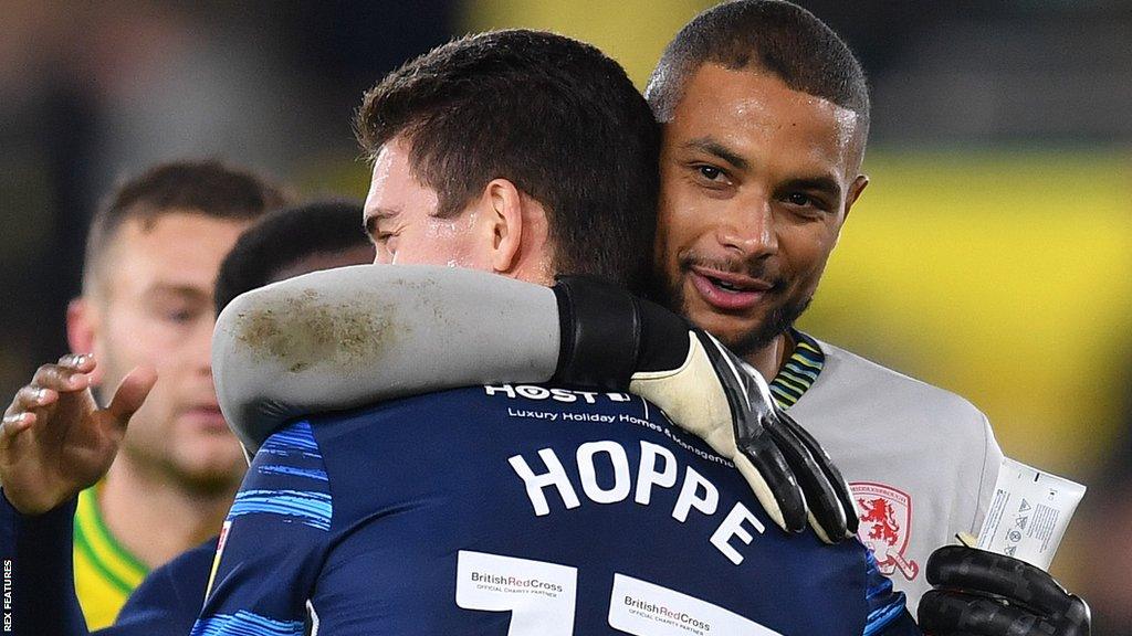 Zak Stefan and Matthew Hoppe embrace after Boro beat Norwich