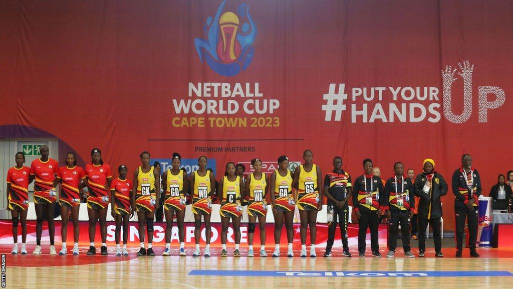 A photo of the Uganda team line up at the 2023 Netball World Cup