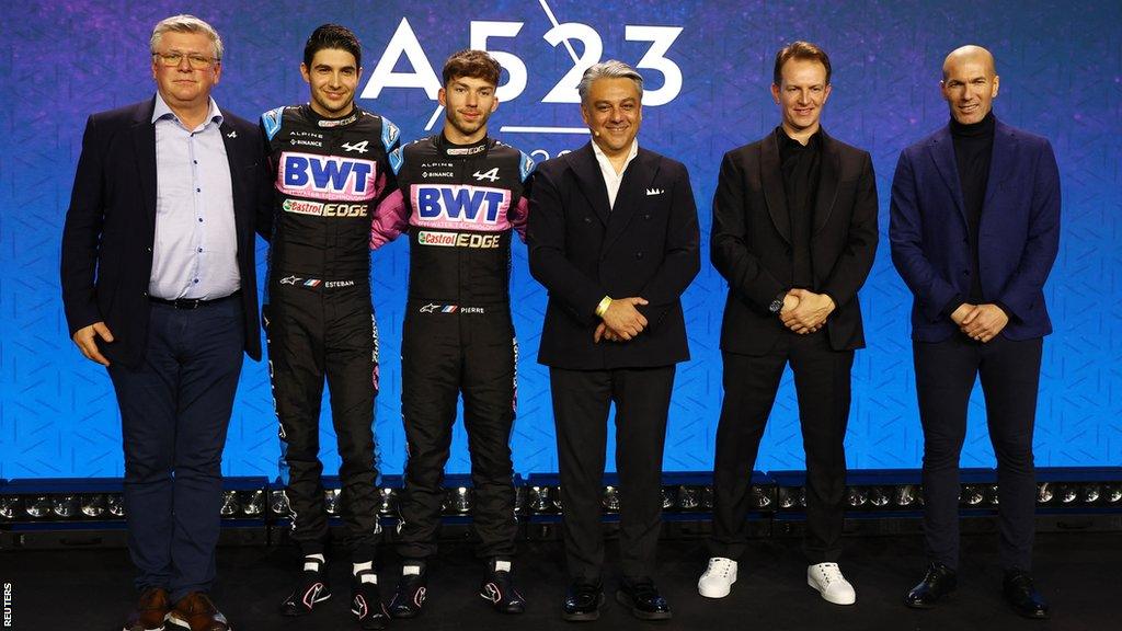 Alpine's team principal Otmar Szafnauer, drivers Esteban Ocon and Pierre Gasly, Renault CEO Luca de Meo, Alpine CEO Laurent Rossi and former footballer Zinedine Zidane