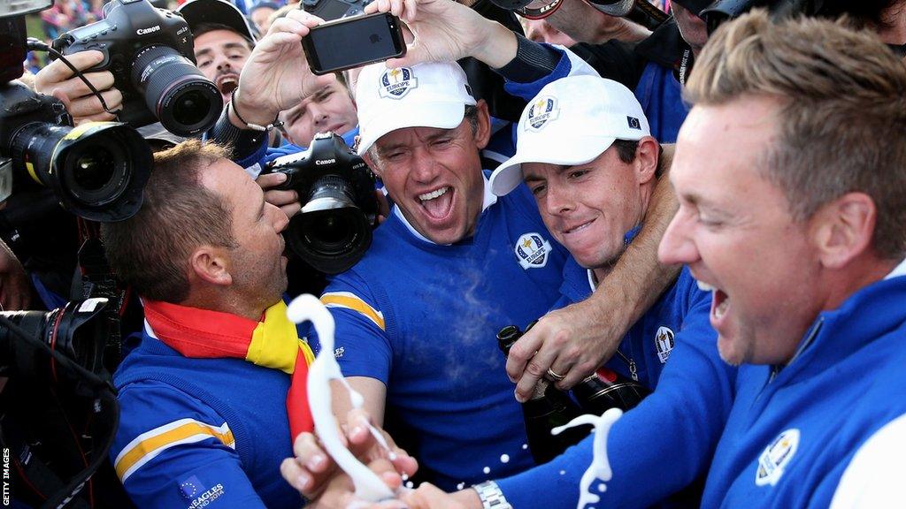 Sergio Garcia, Lee Westwood and Ian Poulter celebrate winning the 2014 Ryder Cup