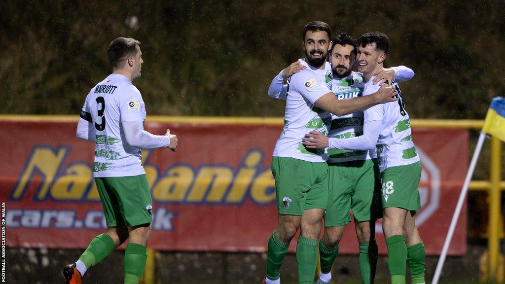 The New Saints players celebrate after scoring a goal against Swansea City Under-21s