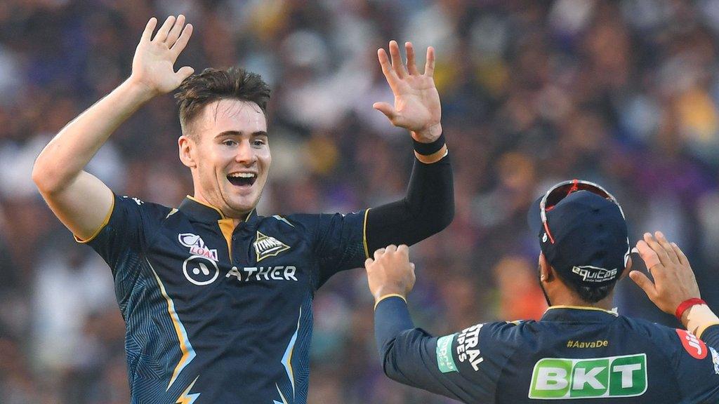 Celebration time for Josh Little after taking the wicket of Kolkata Knight Riders' Nitish Rana in the IPL