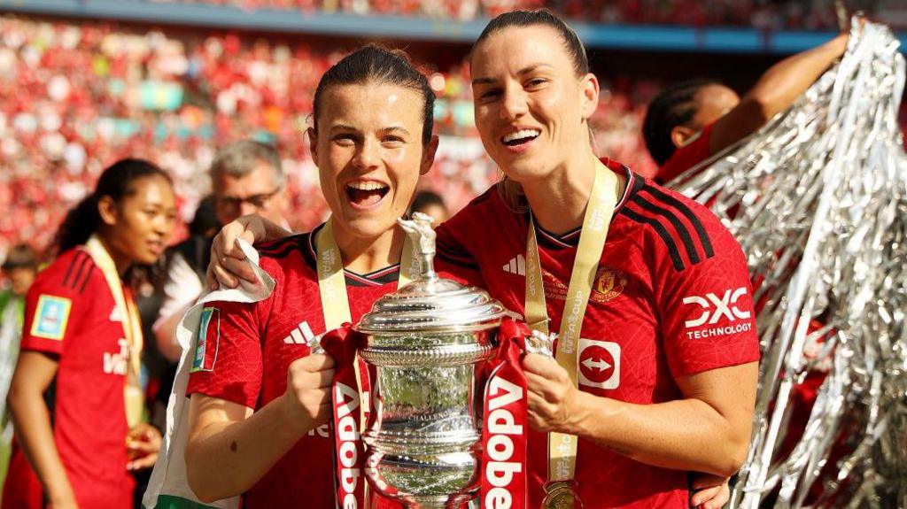 Hayley Ladd and Gemma Evans with the FA Cup trophy last season