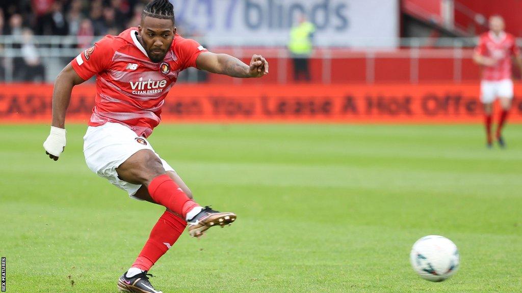 Ebbsfleet United striker Dominic Poleon shoots at goal