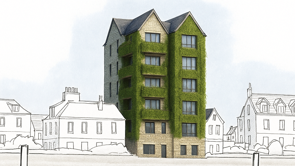 A photorealistic illustration of a tall residential block of flats with ivy over it. Sketches of shorted houses and shops are next to it.