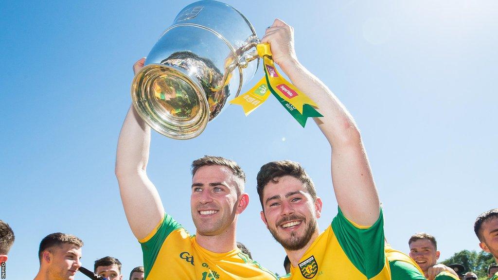 Patrick McBrearty and Ryan McHugh celebrate Donegal's Ulster title triumph in 2018