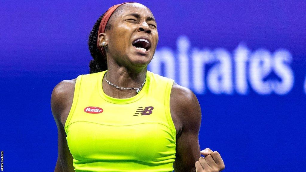 Coco Gauff celebrates at the US Open