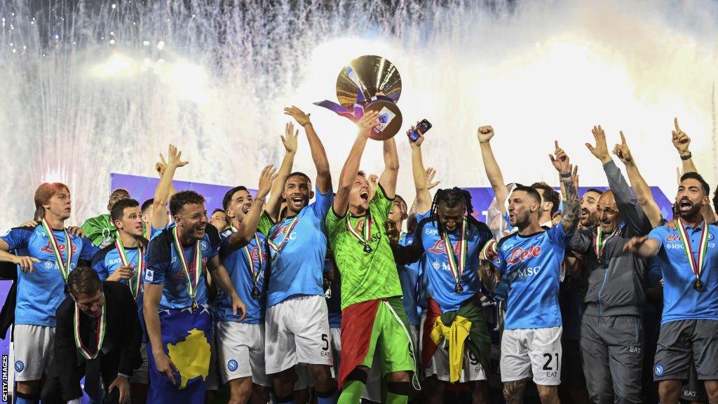 Napoli players celebrate winning the Scudetto