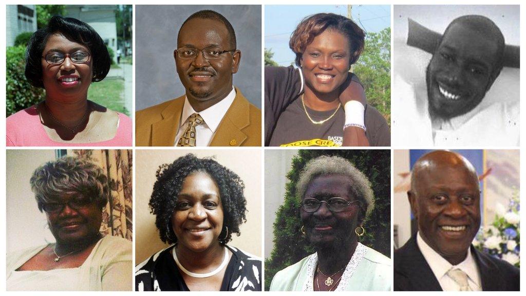 The victims, clockwise from the top left: Cynthia Hurd, Rev Clementa Pinckney, Sharonda Coleman-Singleton, Tywanza Sanders, Ethel Lance, Rev Depayne Middleton-Doctor, Susie Jackson, Rev Daniel Simmons Sr