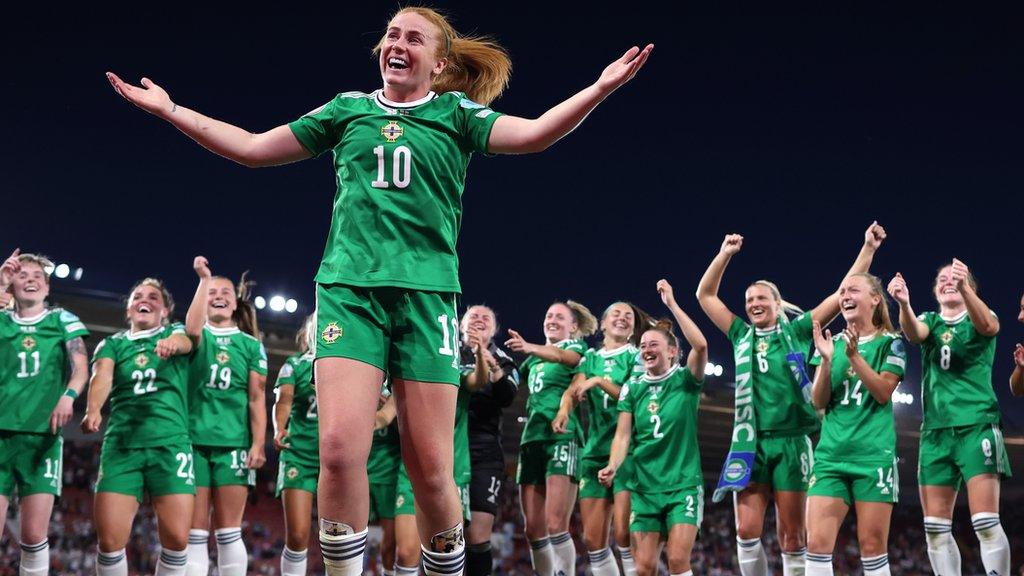 Rachel Furness dancing with Northern Ireland squad