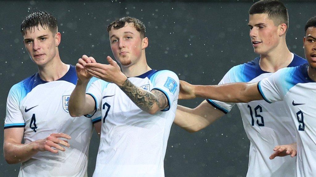 Alfie Devine celebrates his goal for England against Uruguay in Buenos Aires in this summer's Under 20s World Cup