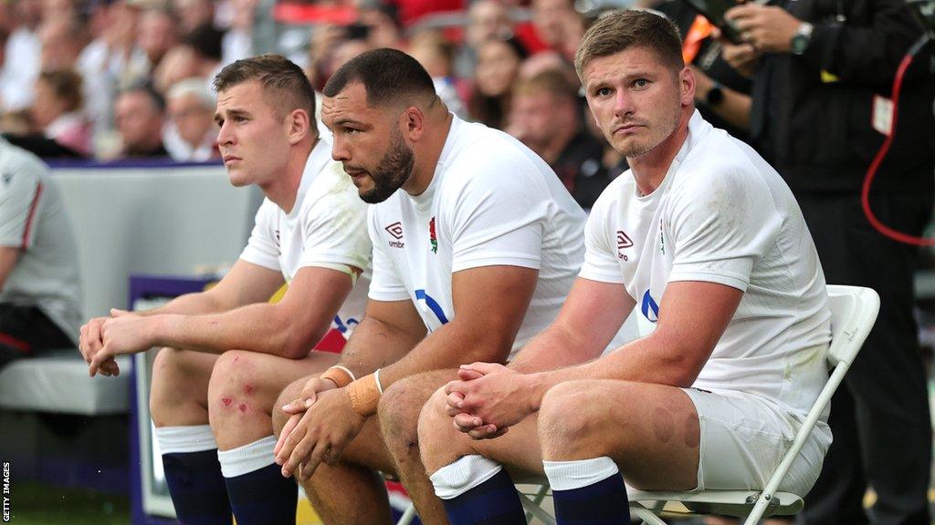 Owen Farrell sits with two England team-mates in the sin-bin