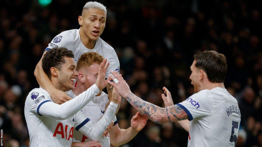 Spurs celebrate their second goal against Brentford