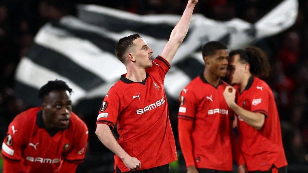 Benjamin Bourigeaud celebrates scoring for Rennes against AC Milan in the Europa League