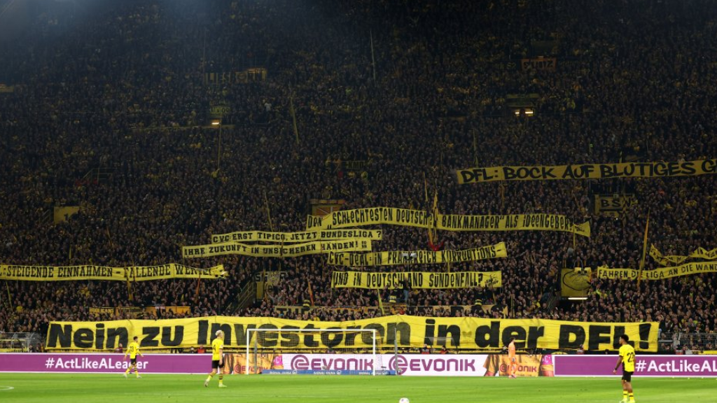 Protest banners at the Borussia Dortmund v Freiburg Bundesliga match