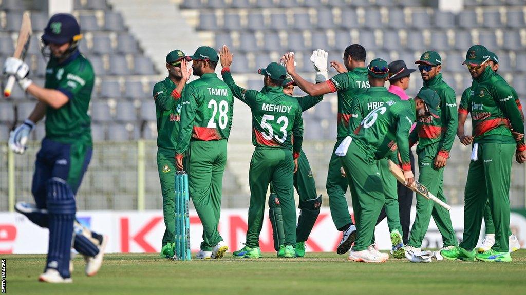 Bangladesh celebrate the dismissal of Ireland's Andy McBrine in Thursday's third ODI between the countries in Sylhetd