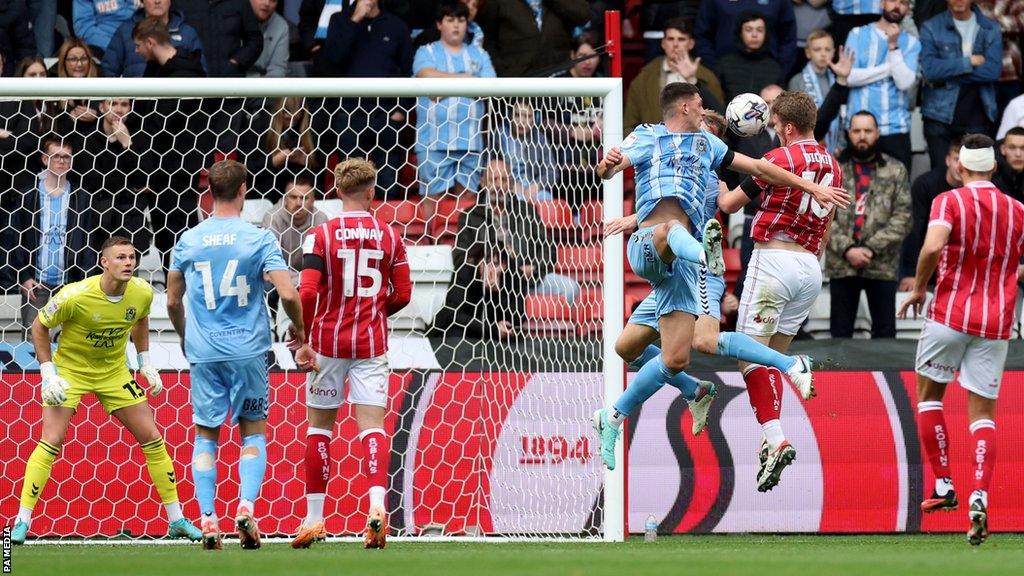 Rob Dickie heads in his first Bristol City goal against Coventry City