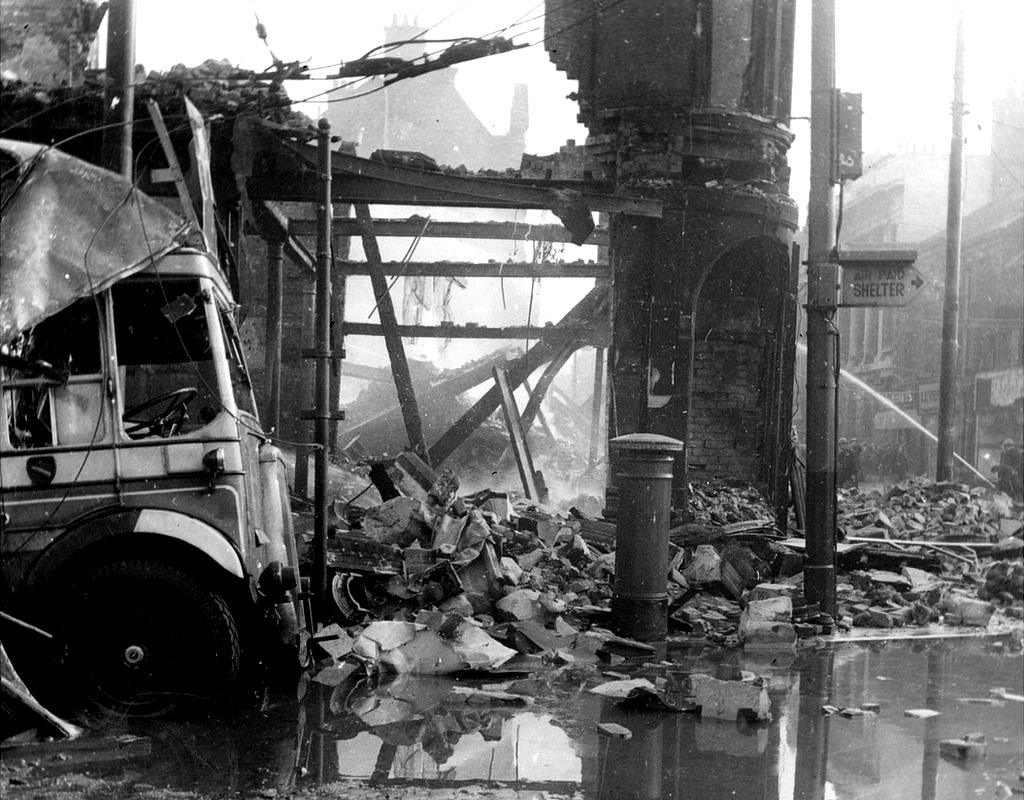 Bomb damage at Market Place and King Street