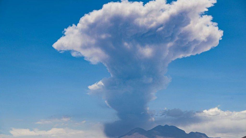 View of the Lascar volcano during an eruptive pulse in Peine, in Chile's Antofagasta region