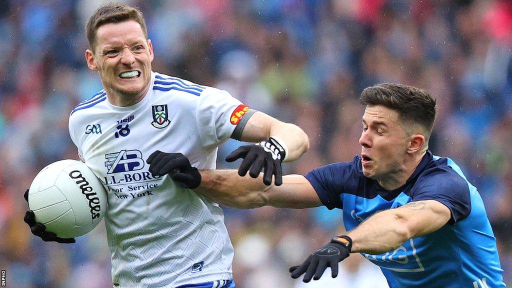 Conor McManus attempts to fend off Dublin's Davy Byrne in the All-Ireland semi-final at Croke Park last July