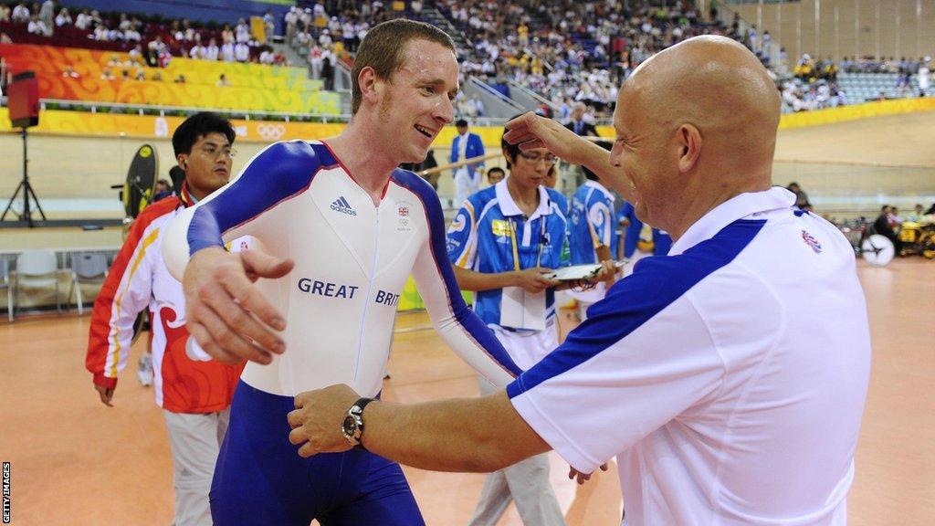 Sir Bradley Wiggins and Sir David Brailsford in Beijing 2008