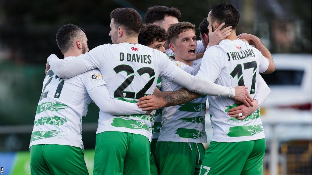 The New Saints players celebrate after Declan McManus scores a goal