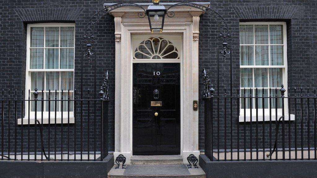 Front door entrance of 10 Downing Street, London, which is the residence and office of the Prime Minister of the United Kingdom of Great Britain and Northern Ireland, situated on Downing Street in the City of Westminster in London, England. It is actually the official residence of the First Lord of the Treasury, but in modern times this post has always been held simultaneously with the office of Prime Minister.