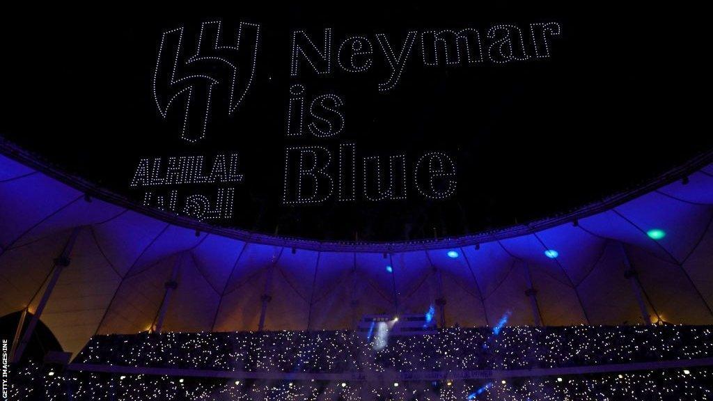 A drone display spelled out "Neymar is blue" at the Brazil forward's official unveiling as an Al-Hilal player