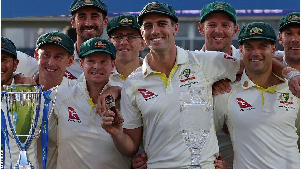 Australia celebrating with the Ashes trophy