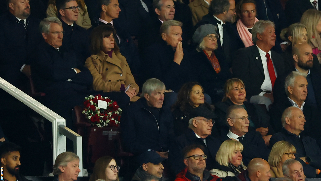 A wreath on Sir Bobby Charlton's seat in the directors' box at Old Trafford during the Champions League match between Manchester United and FC Copenhagen