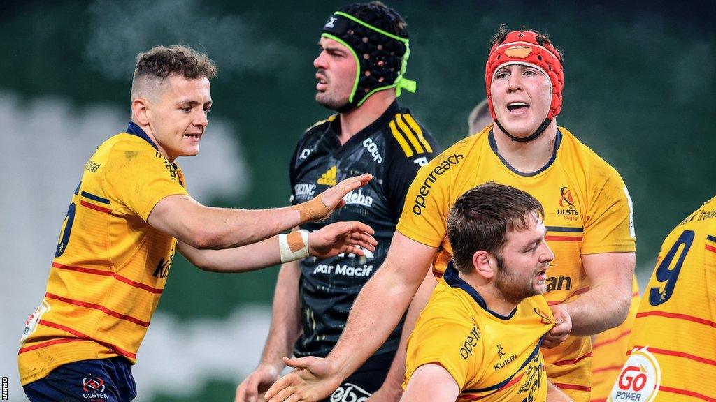 Michael Lowry and Tom Stewart congratulate Iain Henderson after his second-half try