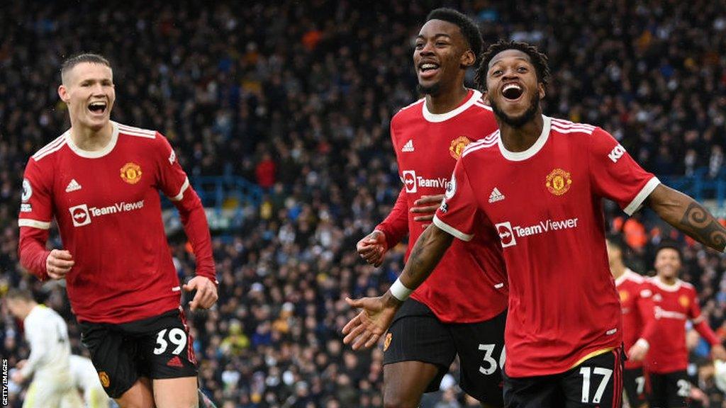 Scott McTominay, Anthony Elanga and Fred celebrate a goal for Manchester United against Leeds