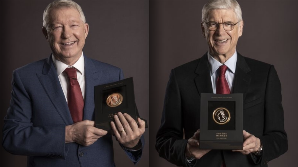 Sir Alex Ferguson and Arsene Wenger hold their Premier League Hall of Fame awards