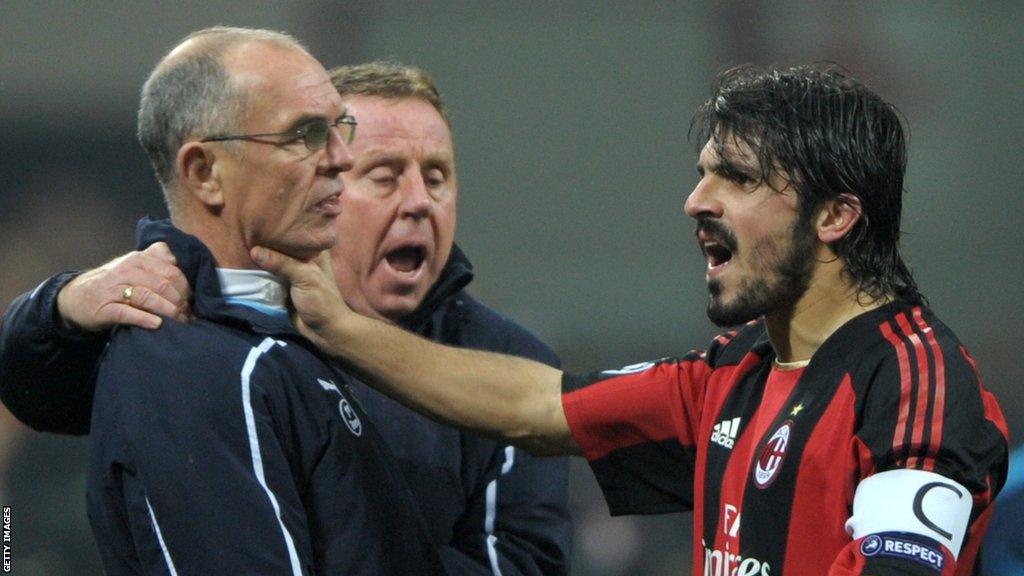 Gennaro Gattuso (right) hols Joe Jordan (left) by the throat as Harry Redknapp tries to intervene
