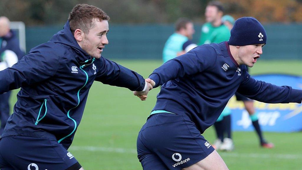 Paddy Jackson and Johnny Sexton during Ireland training