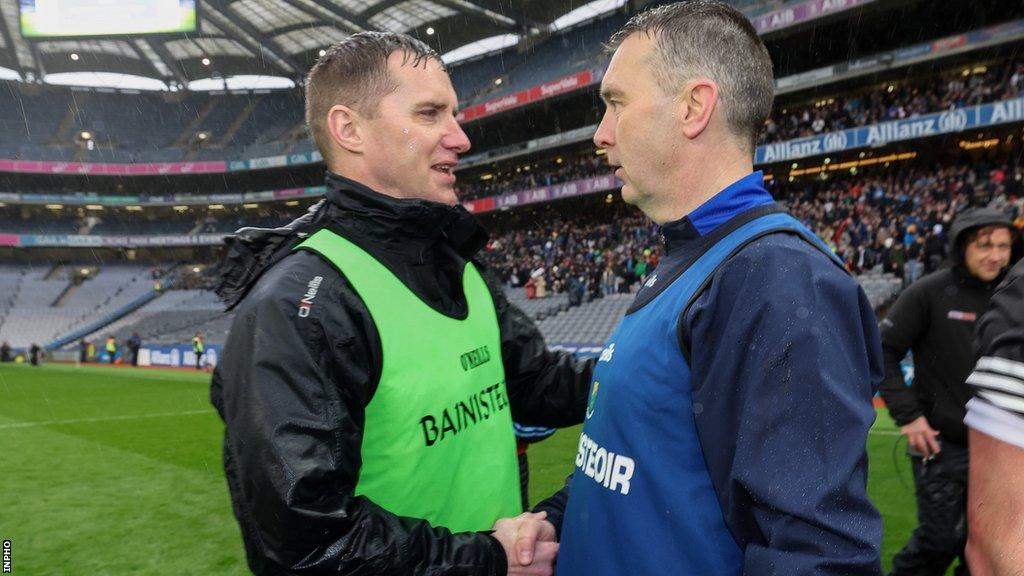 Sligo boss Tony McEntee shakes hands with his former Crossmaglen team-mate and current Wicklow manager Oisin McConville after the Division Four Football League final at Croke Park