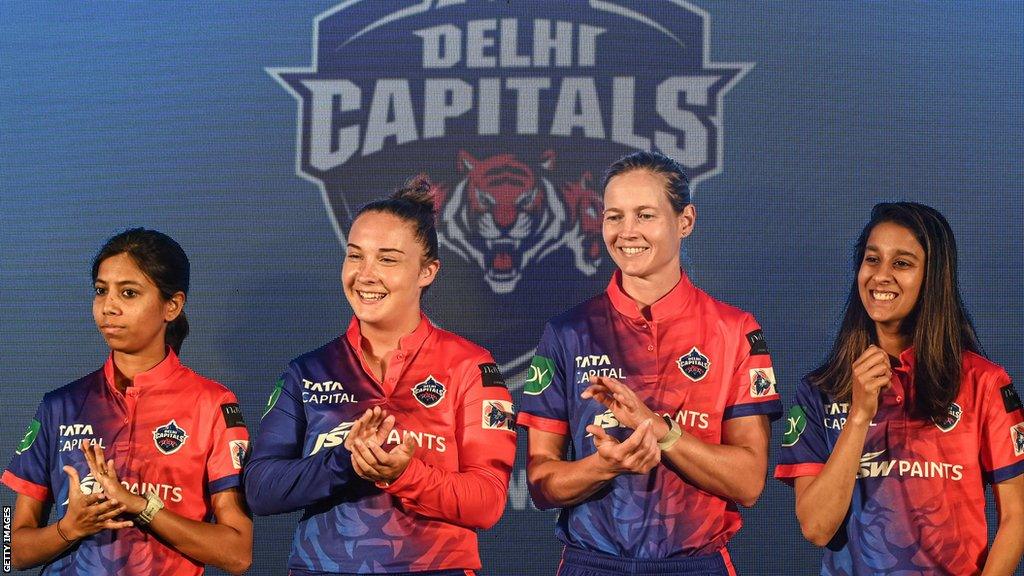 Delhi Capitals cricketers Aparna Mondal, Alice Capsey, Meg Lanning and Jemimah Rodrigues