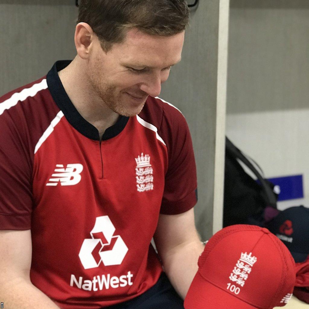 Eoin Morgan and his 100th T20 cap for England