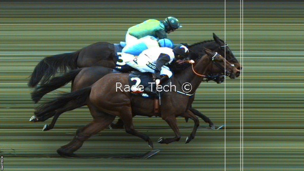 The photo finish at the end of the Aintree Hurdle