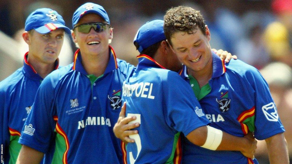 Rudie van Vuuren celebrates taking a wicket against England