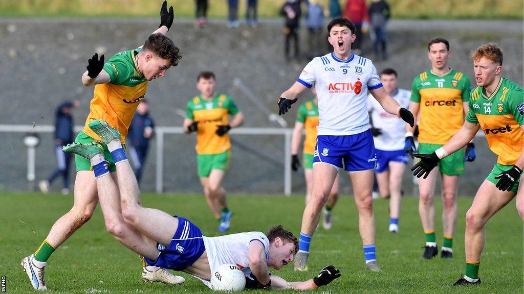 Donegal's Odhran Doherty challenges Monaghan's Colm Lennon at Castleblayney