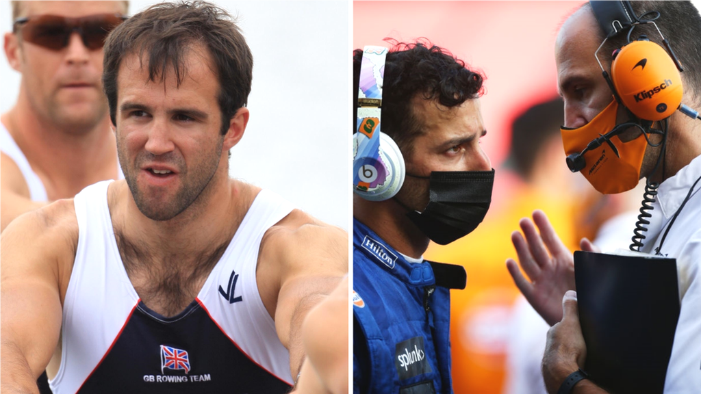 A composite image of Tom Stallard rowing for Great Britain and talking to McLaren driver Daniel Ricciardo