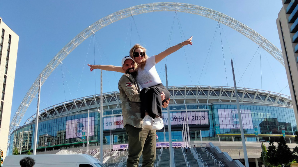 Manchester City fan Mazem and his wife Arouba pictured outside Wembley before the FA Cup final against Manchester United