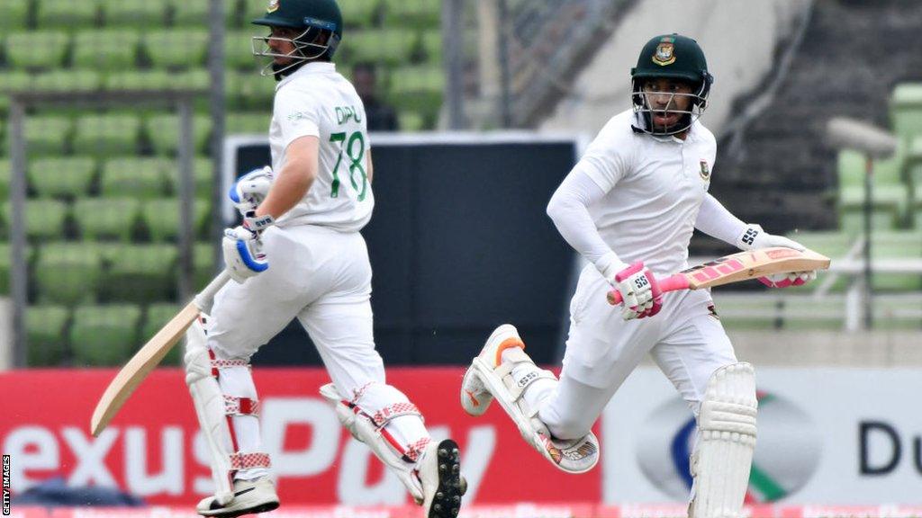 Bangladesh batter Mushfiqur Rahim runs between the wickets after playing a shot during the second Test against New Zealand