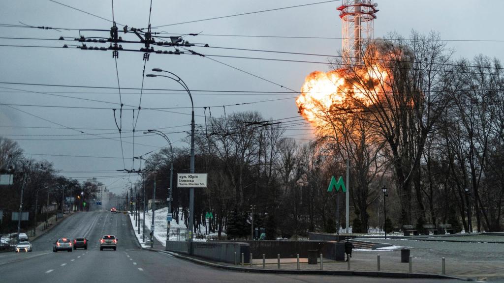 A blast is seen in the TV tower, amid Russia's invasion of Ukraine, in Kyev, Ukraine 1 March 2022