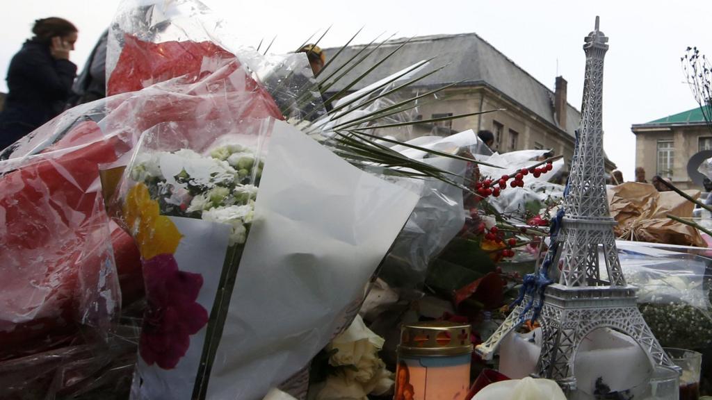 Flowers and candles left at one of the attack sites in Paris