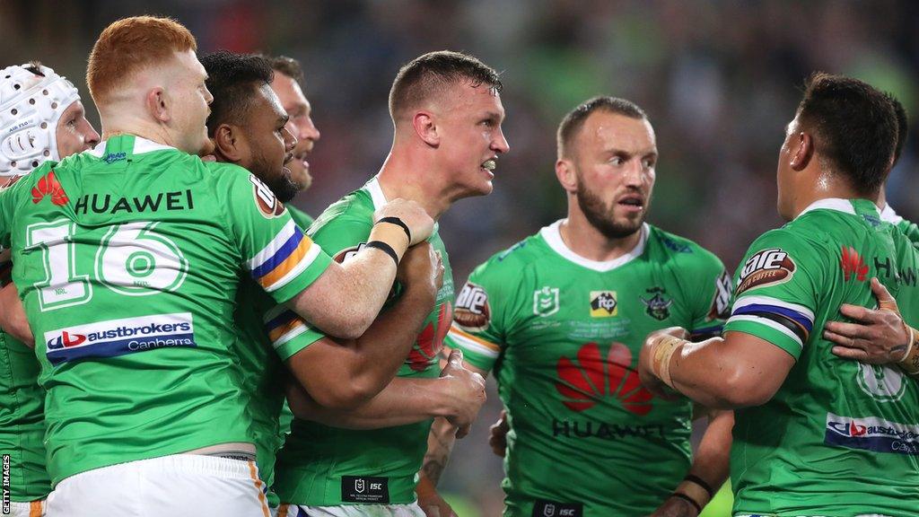 Josh Hodgson and teammates celebrate Jack Wighton's try in the 2019 NRL Grand Final